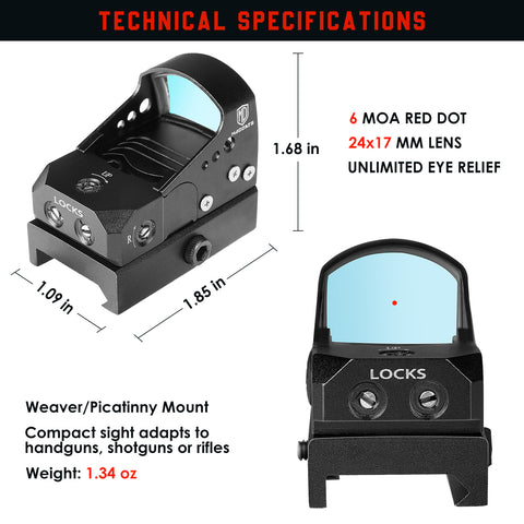 6 MOA Red Dot Sight, Compact Reflex Sight Optics Gun Sights for Rifle Pistol Airsoft with Weaver Picatinny Rail for Hunting, Shooting